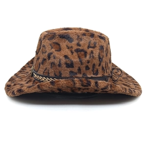 Detailed view of leopard print plush cowboy hat with gold wheat embroidery on black band