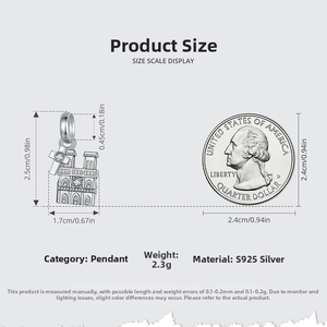 Size scale display of S925 silver Notre Dame charm with a coin for dimension reference