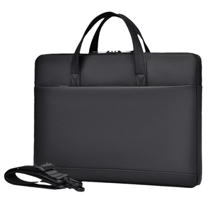 Slim 14-16 inch waterproof laptop briefcase in black textured nylon with shoulder strap