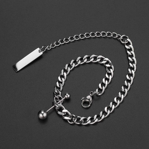 Minimalist silver stainless steel ball chain bracelet with rectangle tag and T-bar toggle