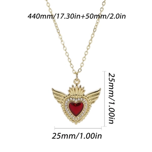 Detailed view of gold winged red heart pendant with dimensions 25mm and chain length info