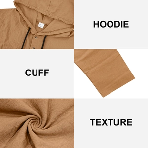 Detail views of brown linen blend hoodie showing collar buttons, stitching and texture
