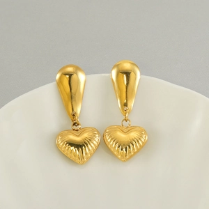 Vintage Heart Drop Earrings 18K Gold Plated Stainless Steel Sunburst Texture Retro Style For Women