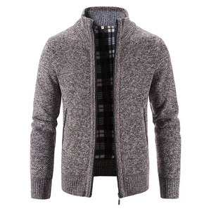 Men's slim fit knit cardigan with stand collar and checkered fleece lining in red brown