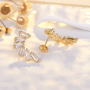 Elegant 925 silver needle crescent earrings with rectangular zircons and gold finish