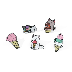 Set of 5 colorful enamel cat pins eating ice cream cones in white and pink finishes