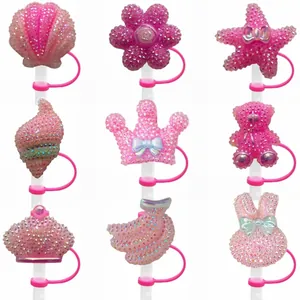 Pink rhinestone straw cover set with flower, crown, and shell designs for 10mm straws