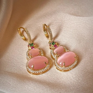14k gold plated gourd earrings with pink cat-eye stone and zircon on champagne silk