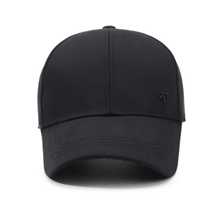 Classic black men's baseball cap with metal logo on a clean white background