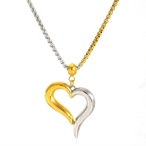 Minimalist two-tone stainless steel heart pendant necklace in gold and silver finish