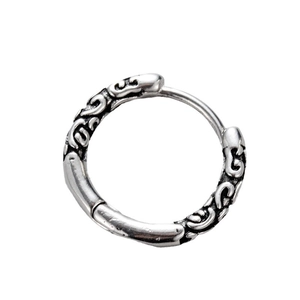 Mens silver stainless steel hoop earring with vintage engraved cloud patterns on white background