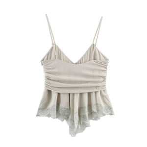 Débardeur caraco femme beige clair en georgette avec dentelle et fines bretelles