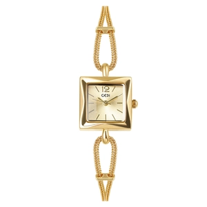 Elegant gold square dial watch for women featuring a unique braided chain strap design