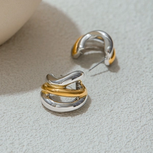 Modern two-tone C-shape stainless steel earrings with gold and silver twisted design