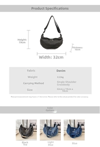 Detailed size specifications and three color options for denim crescent shoulder bag