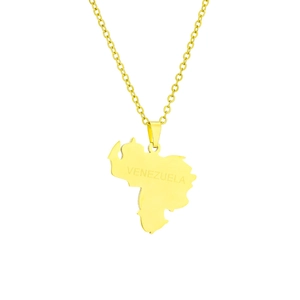 Detail of gold Venezuela map pendant necklace with VENEZUELA engraved text on white background