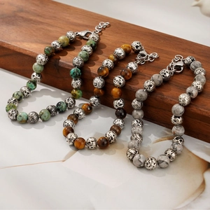 Tiger eye and turquoise beaded bracelets for men with silver metal accents and lobster clasp