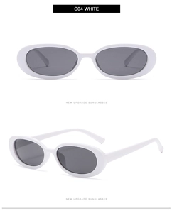 Detail view of oval white frame sunglasses with grey lenses and C04 model number marking