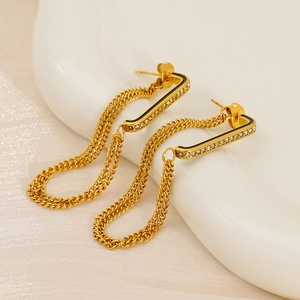 18K gold double layer chain tassel earrings with rectangular diamond-set design