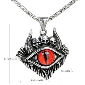 Macro shot of gothic evil eye skull necklace with size markings 37mm by 40mm