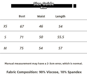 Size guide table for slim fit bodysuit showing measurements for XS, S, and M sizes
