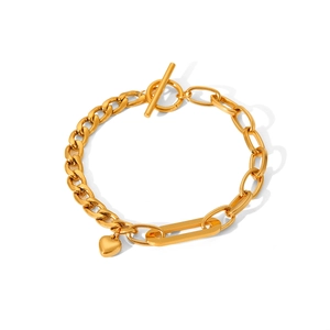 Gold stainless steel Cuban and paperclip chain bracelet with heart pendant and OT clasp