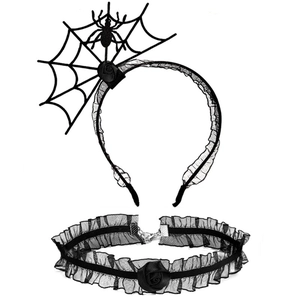 Halloween accessories set featuring a black spider web headband and lace rose choker necklace