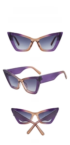 Three-angle view of tea-purple cat-eye sunglasses with grey gradient lenses in detail