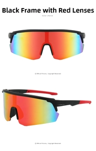 Detail view of sports sunglasses with matte black frames and red-orange gradient lenses