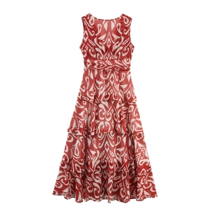 Robe longue bohème sans manches en mousseline avec imprimé géométrique rouge et blanc