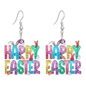Detail of glittery acrylic Happy Easter earrings with bunny ears and carrot charms