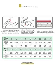Detailed size chart for emerald silver ring showing diameter and circumference guide