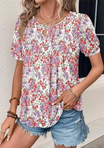Floral print summer top with round neck cutout detail and short sleeves for women