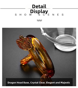 Macro detail of amber glass dragon base with crystal clear texture and antique design