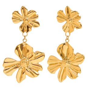 Minimalist 18K gold plated stainless steel earrings with double flower drop design