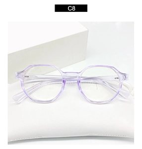 Detail of purple transparent polygonal glasses frame with white leather pouch and box