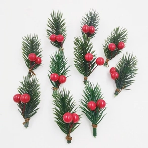 Set of 10 artificial Christmas pine branches with red berries for holiday wreath making