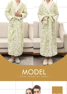 Detail of light green flannel robe with 3D jacquard pattern and shawl collar design