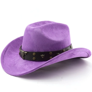 Purple suede western cowboy hat with steer head metal emblem and bronze studs