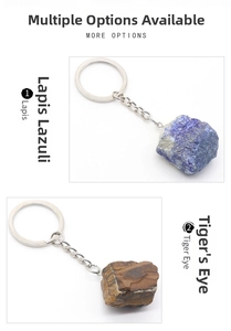 Detailed macro view of natural Lapis and Tiger Eye stones on silver keychains