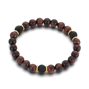 Handmade tiger eye and lava stone stretch bead bracelet with gold spacers for men and women