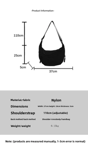 Detailed size chart showing dimensions for large capacity nylon crossbody messenger bag