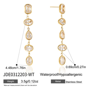 Detailed size specifications for long gold stainless steel drop earrings with zircon