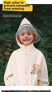 Close-up of children's raincoat with high collar, clear brim and camping print details