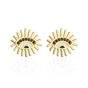 Detailed view of gold plated evil eye stud earrings with white enamel and black zircons
