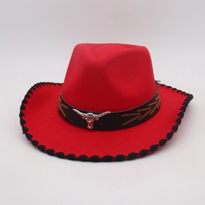 Red western cowboy hat with a metallic bull head pendant and stylish black braided brim