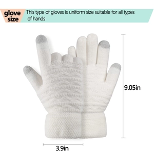 White winter knit gloves with touch screen tips and size chart showing 9.05 inch length