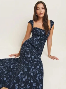 Elegant floral print maxi dress in navy blue featuring a square neck and slim fit silhouette