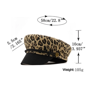 Leopard print newsboy cap with black brim and gold button detail and measurements