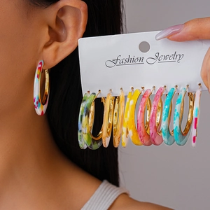 Acetate Hoop Earrings Leopard Marble Print C-Shape With 925 Sterling Silver Earring Post Geometric Trendy For Women